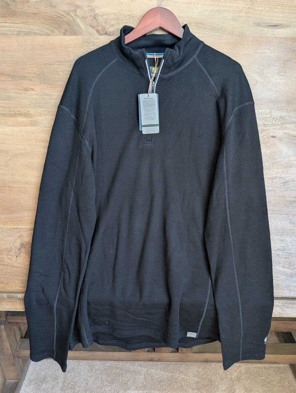 NWT Meriwool Layers Sweater Mens XL Black Natural Cozy 400g Long Sleeve 1/4 Zip